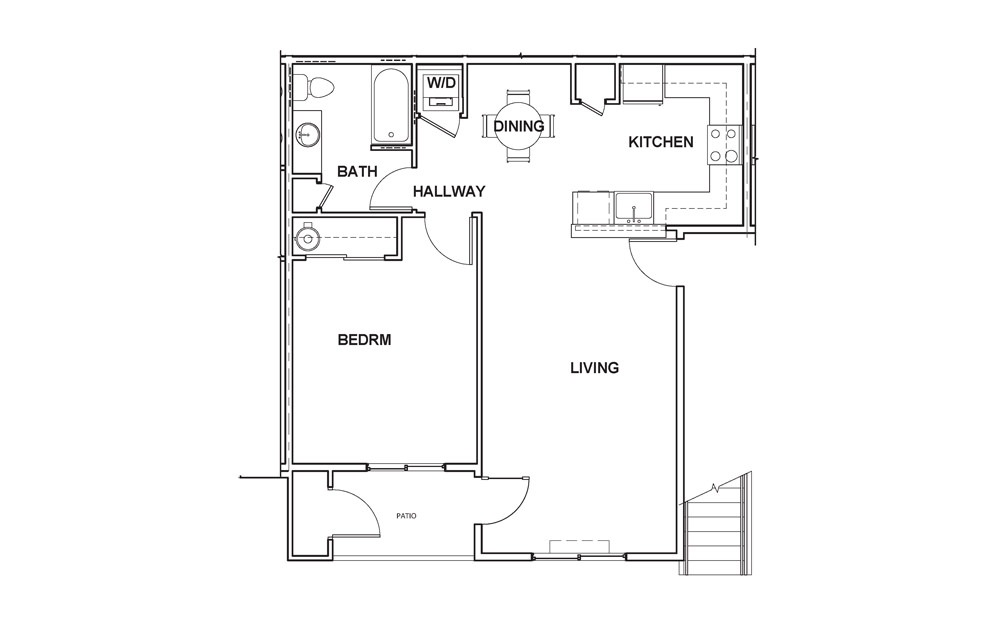 1x1 - 1 bedroom floorplan layout with 1 bath and 786 square feet.