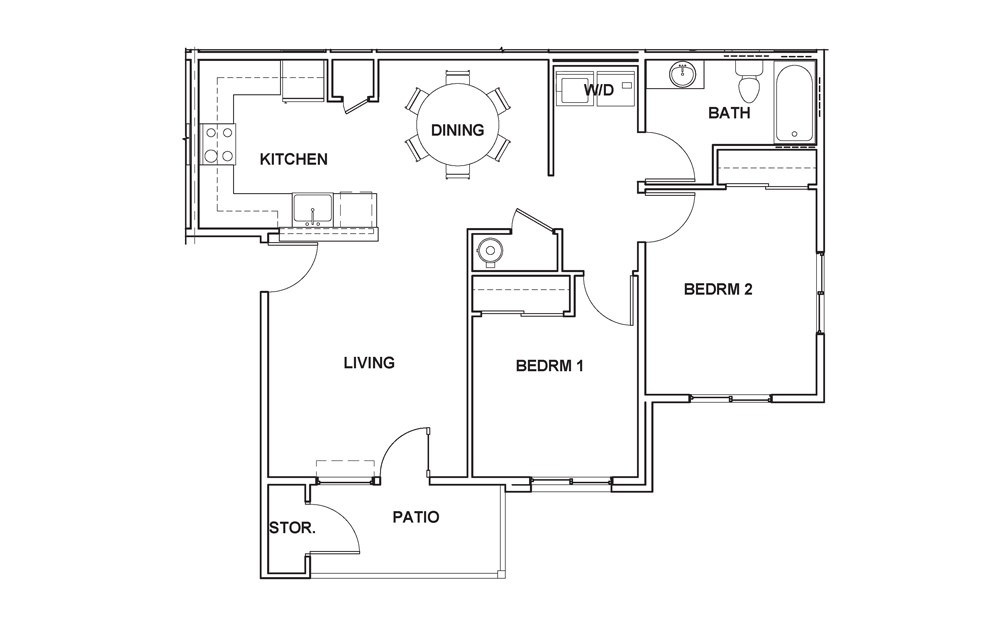 2x1 - 2 bedroom floorplan layout with 1 bath and 889 square feet.