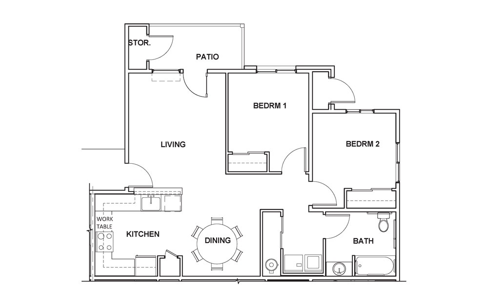 2x1 Furnished - 2 bedroom floorplan layout with 1 bath and 889 square feet.