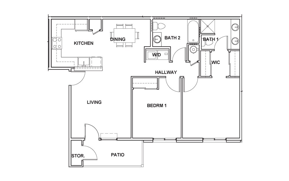 2x2 - 2 bedroom floorplan layout with 2 baths and 1012 square feet.