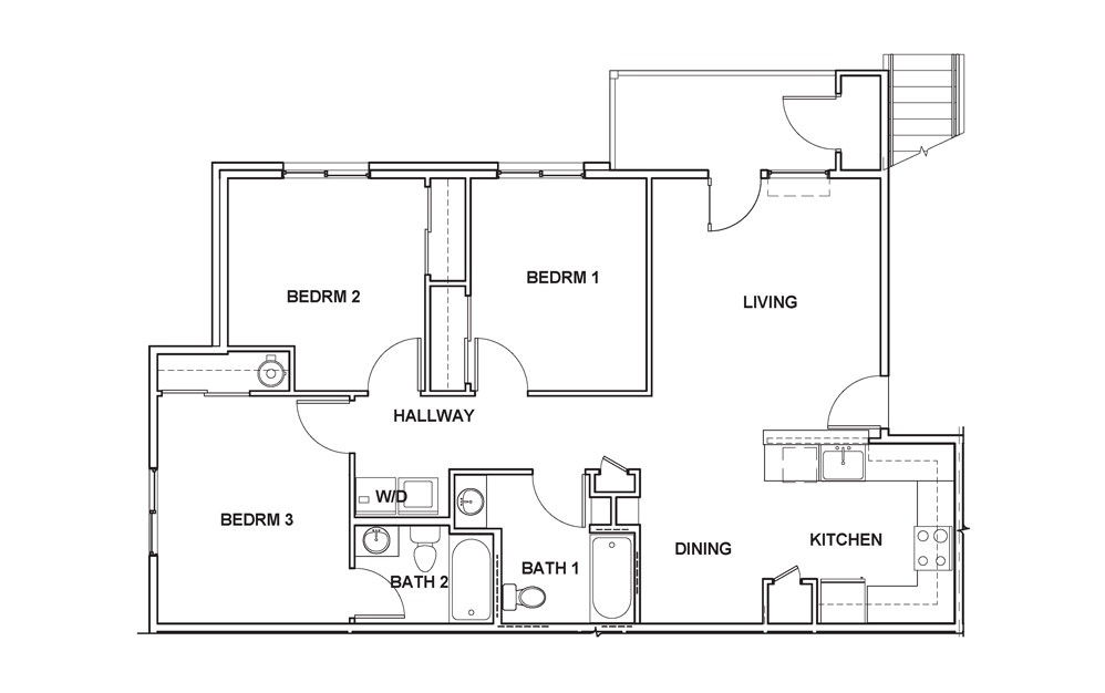 3x2 - 3 bedroom floorplan layout with 2 baths and 1110 square feet.