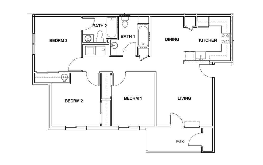3x2 - 3 bedroom floorplan layout with 2 baths and 1110 square feet. 3x2 - 3 bedroom floorplan layout with 2 baths and 1110 square feet.